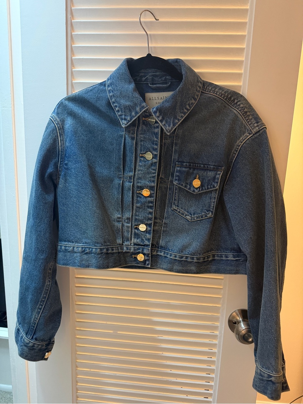 AllSaints Indigo Cropped Jean Jacket with Gold Buttons
